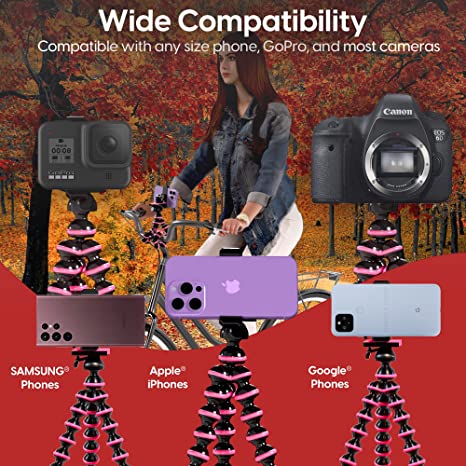 TALK WORKS Flexible Tripod for iPhone, Android, Camera – Bendable Legs, Adjustable Stand Holder with Mini Wireless Remote for Selfies, Vlogging, Beauty/Makeup, Live Streaming/Recording – Pink