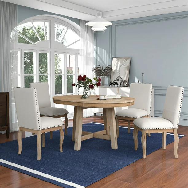 5-Piece Dining Table Set,Wood Round Extendable Dining Table with X-Shaped Base,4 Upholstered Chairs with Bronze Nailheads,Farmhouse Rustic Dining Set for Kitchen Dinning Room,Natural Wood Wash