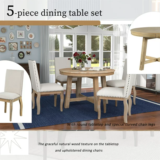 5-Piece Dining Table Set,Wood Round Extendable Dining Table with X-Shaped Base,4 Upholstered Chairs with Bronze Nailheads,Farmhouse Rustic Dining Set for Kitchen Dinning Room,Natural Wood Wash