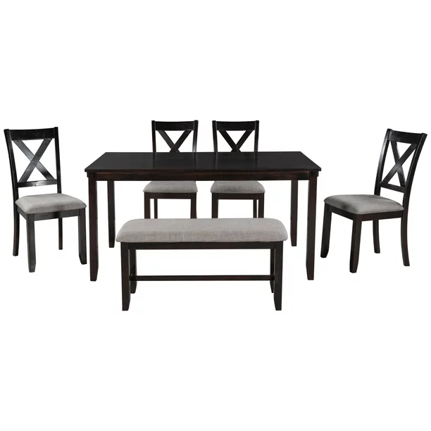 Wood Dining Table and Chair Set of 6, Dining Room Set for 6 Persons with Bench, Rectangular Kitchen Table with 4 Microfiber Padded Chairs Plus One Upholstered Bench, Farmhouse Kitchen Table Set, B1382
