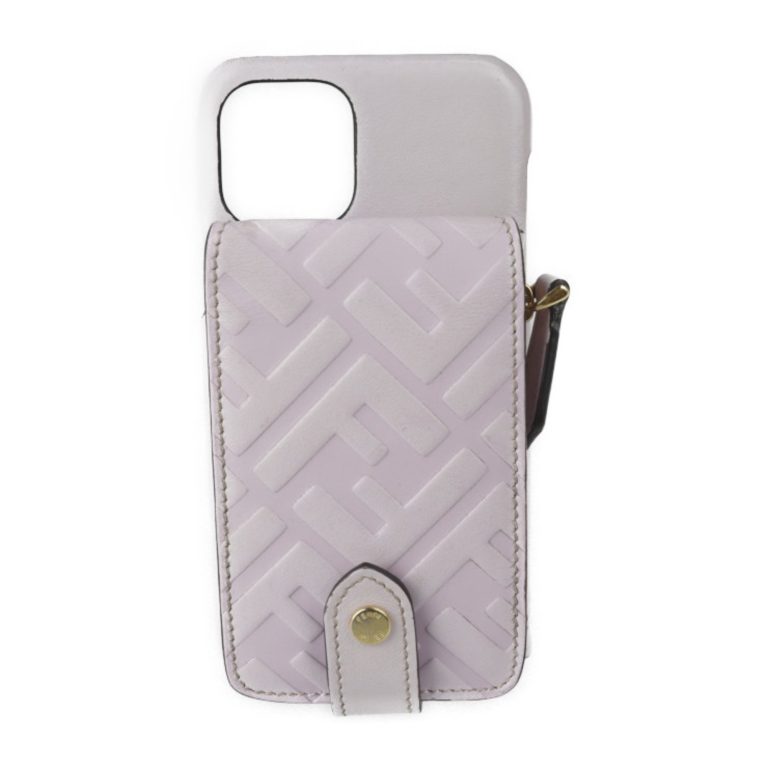 Authenticated Used FENDI Fendi iPhone 11 Pro Case Other Accessories 7AR890 Leather Light Purple Gold Hardware Zucca Pattern Smartphone Cover Coin Purse Card