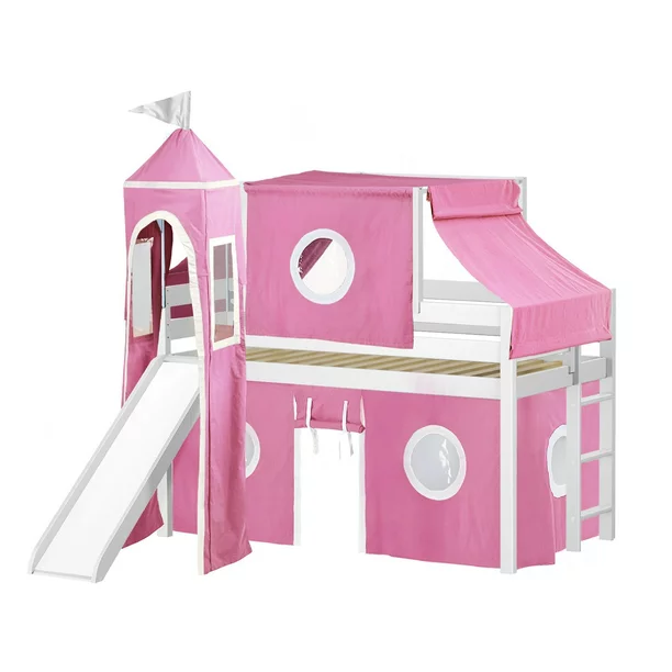 Jackpot Princess Low Loft Bed with Slide Pink & White Tent and Tower, Twin, White