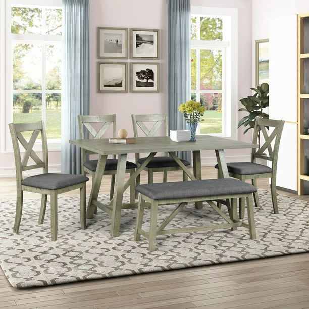 6 Piece Dining Table Set, Modern Home Dining Set with Table, Bench & 4 Cushioned Chairs, Wood Rectangular Table and Chair Set, Kitchen Table Set for Dining Room – Gray, B1140