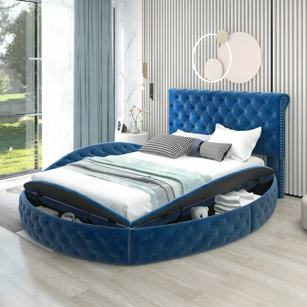 EUROCO Queen Size Round Shape Upholstery Low Profile Storage Platform Bed with Storage Space on Both Sides, Blue
