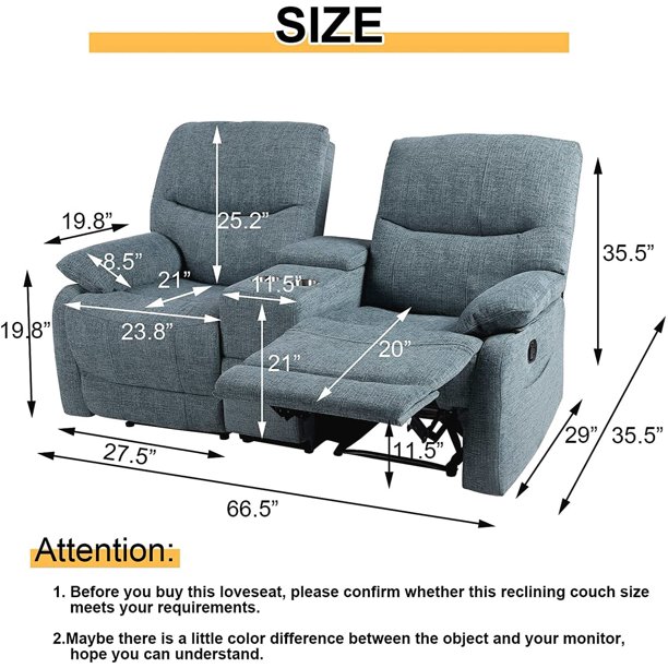 Reclining Sofa, Double Reclining Loveseat with Console, 2 Seater Sofa Home Theater Seating, Fabric Recliner Sofa Couches with Storage and Cup Holders