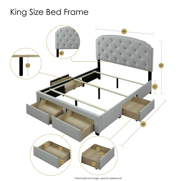 DG Casa Argo Tufted Upholstered Panel Bed Frame with Storage Drawers and Nailhead Trim Headboard, King Size Storage Bed in Beige Linen Style Fabric