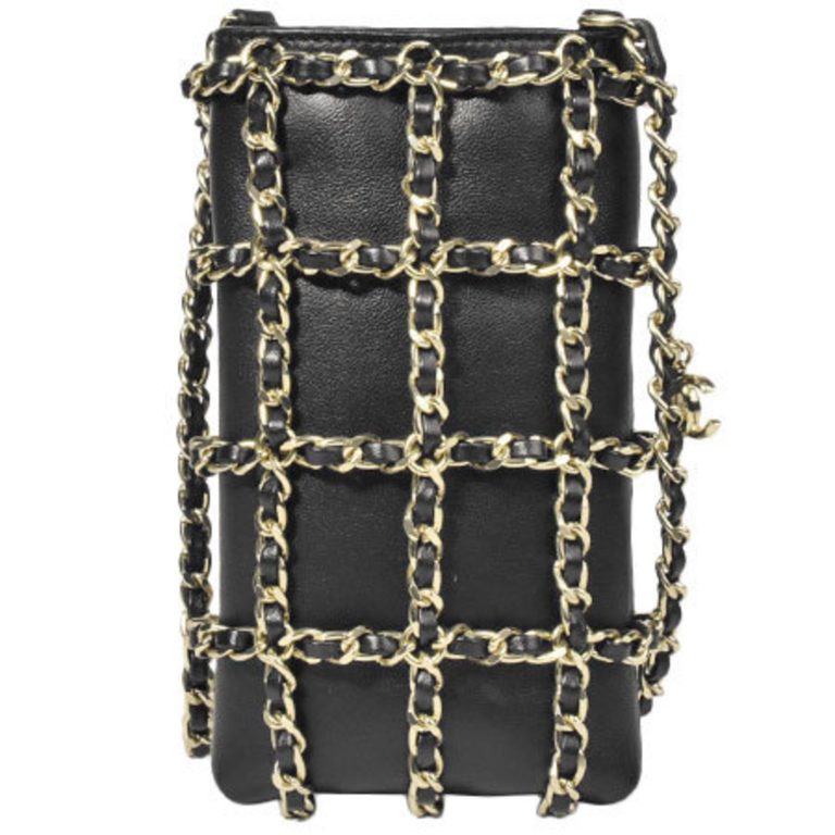 Authenticated Used Chanel CHANEL Chain Shoulder Pouch Smartphone Case Coco Mark Black Lambskin AP1161