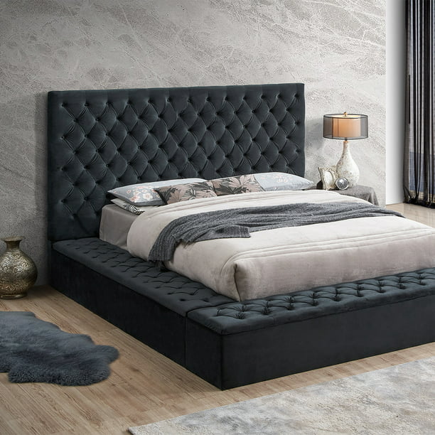 Better Home Products Cosmopolitan Velvet Upholstered Platform Queen Bed in Black