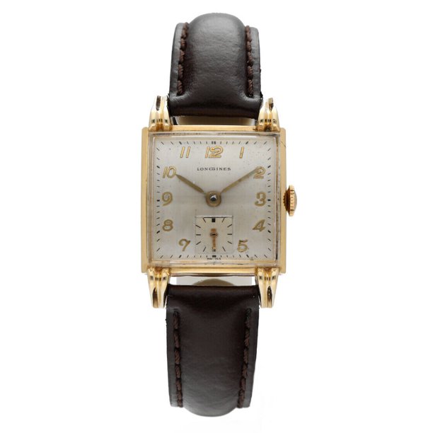 Longines 14k Yellow Gold Square 26mm Arabic Dial Leather Manual Wind Wrist Watch