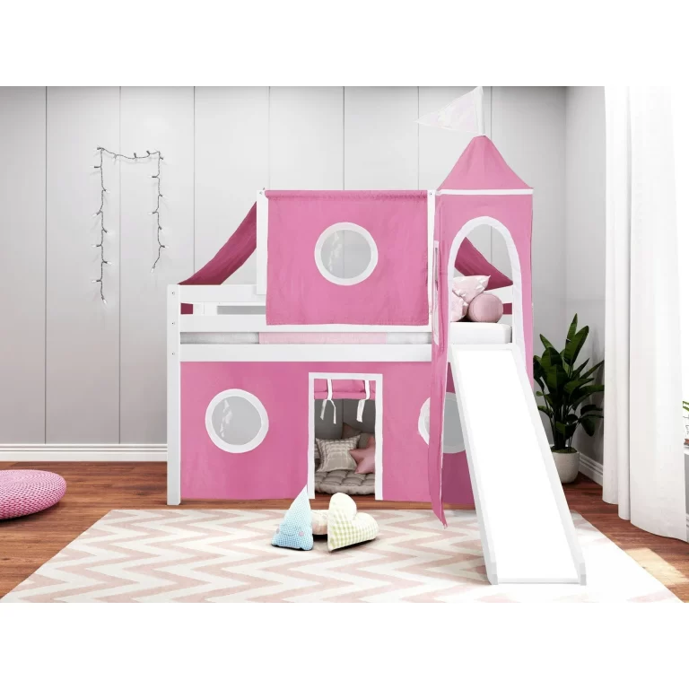Jackpot Princess Low Loft Bed with Slide Pink & White Tent and Tower, Twin, White