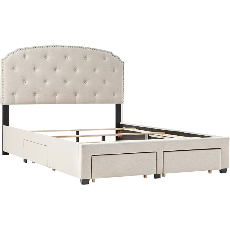 DG Casa Argo Tufted Upholstered Panel Bed Frame with Storage Drawers and Nailhead Trim Headboard, King Size Storage Bed in Beige Linen Style Fabric