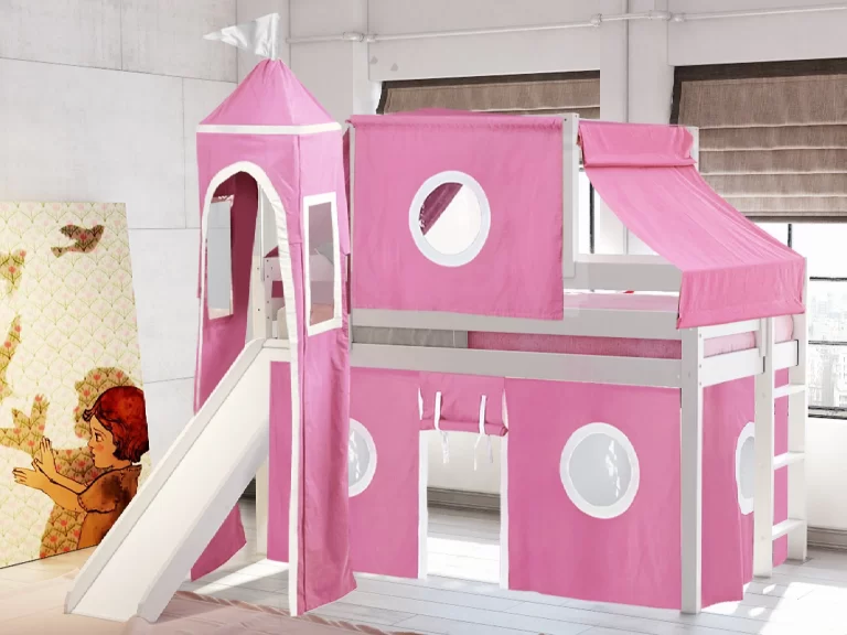 Jackpot Princess Low Loft Bed with Slide Pink & White Tent and Tower, Twin, White