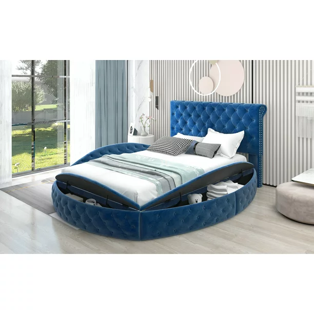 EUROCO Queen Size Round Shape Upholstery Low Profile Storage Platform Bed with Storage Space on Both Sides, Blue