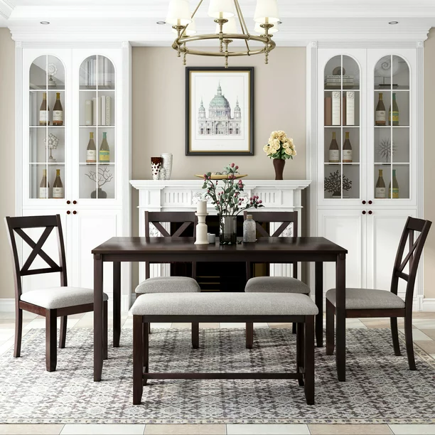 Wood Dining Table and Chair Set of 6, Dining Room Set for 6 Persons with Bench, Rectangular Kitchen Table with 4 Microfiber Padded Chairs Plus One Upholstered Bench, Farmhouse Kitchen Table Set, B1382