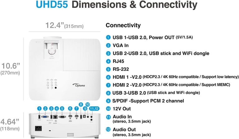 Optoma UHD55 4K Ultra HD DLP Home Theater and Gaming Projector, Built-In Speaker