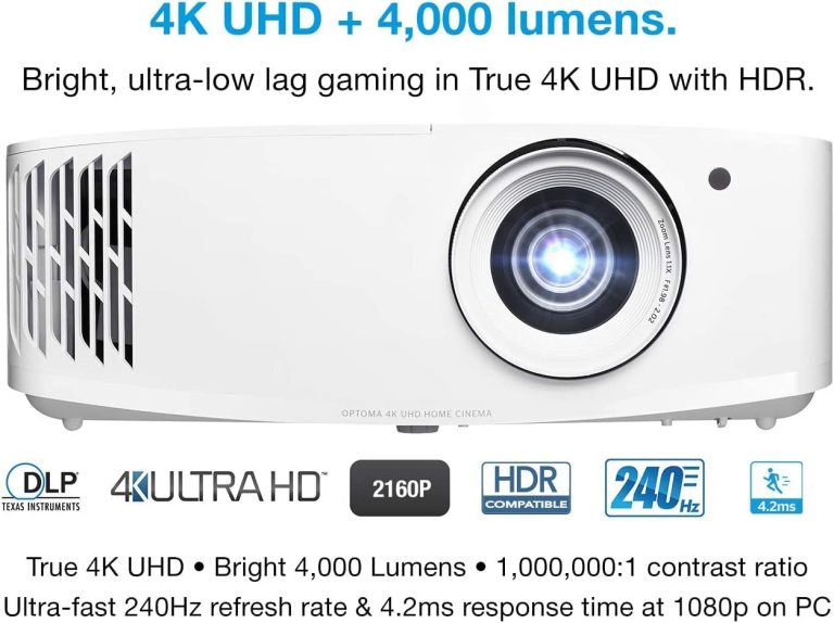 Optoma UHD38x Bright, True 4K UHD Gaming Projector | 4000 Lumens | 4.2ms Response Time at 1080p with Enhanced Gaming Mode | Lowest Input Lag on 4K Projector | 240Hz Refresh Rate | HDR10 & HLG
