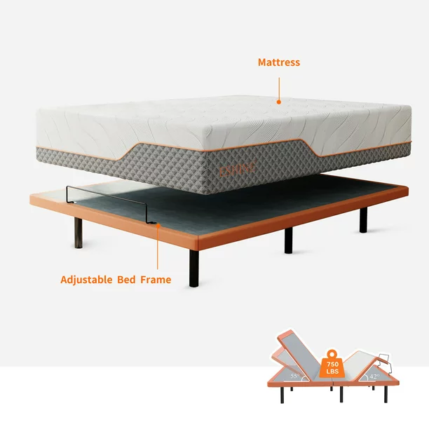 ESHINE 14″ Hybrid Mattress Queen + Adjustable Bed Frame – Metal Bed Base with Massage,Queen
