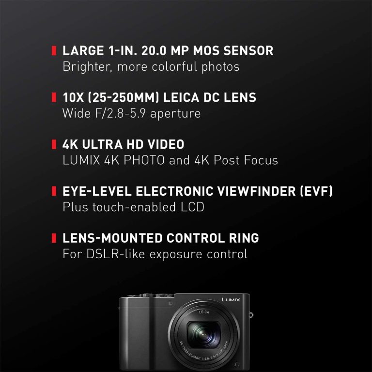 Panasonic LUMIX ZS100 4K Digital Camera, 20.1 Megapixel 1-Inch Sensor 30p Video Camera, 10X LEICA DC VARIO-ELMARIT Lens, F2.8-5.9 Aperture, HYBRID O.I.S. Stabilization, 3-Inch LCD, DMC-ZS100K (Black)