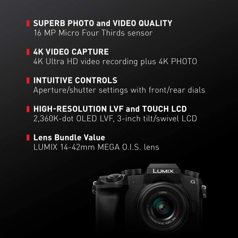 Panasonic LUMIX G7 4K Digital Camera, with LUMIX G VARIO 14-42mm Mega O.I.S. Lens, 16 Megapixel Mirrorless Camera, 3-Inch LCD, DMC-G7KK (Black)