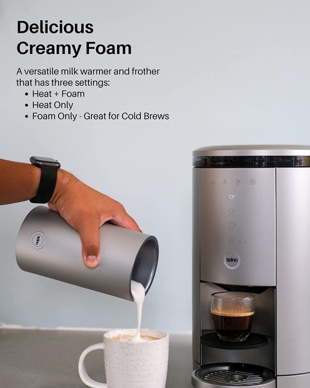 SPINN Coffee & Espresso Machine with Milk Frother, Smart WiFi Automatic Coffee, Cold Brew Machine, Automatic Coffee Foam Maker for Latte, Single Serve & Zero-Waste, Silver