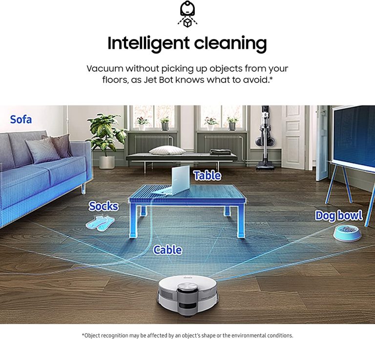 SAMSUNG Jet Bot AI+ Robot Vacuum Cleaner w/Object Recognition, Intelligent Cleaning, Clean Station, 5-Layer Filter, Touchless Dust Removal for Hardwood Floors, Carpets, VR50T95735W, White