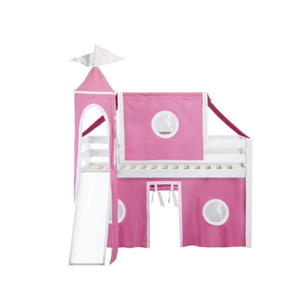 Jackpot Princess Low Loft Bed with Slide Pink & White Tent and Tower, Twin, White
