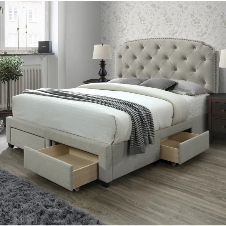 DG Casa Argo Tufted Upholstered Panel Bed Frame with Storage Drawers and Nailhead Trim Headboard, King Size Storage Bed in Beige Linen Style Fabric