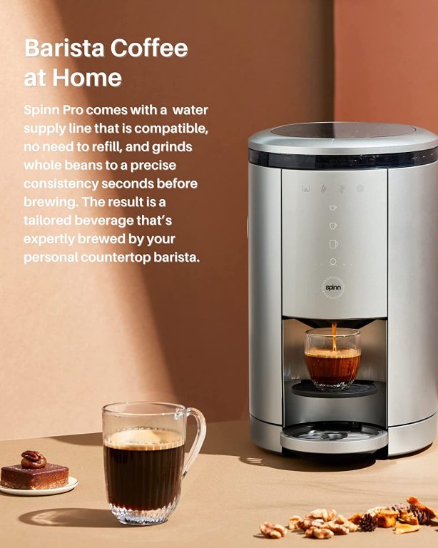 SPINN Coffee & Espresso Machine with Milk Frother, Smart WiFi Automatic Coffee, Cold Brew Machine, Automatic Coffee Foam Maker for Latte, Single Serve & Zero-Waste, Silver