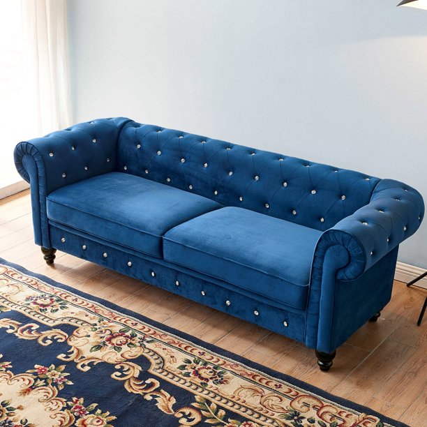 80 Inch Width Couch for Living Room, Velvet Surface, Mid-Century Modern Chesterfield Design Sofa