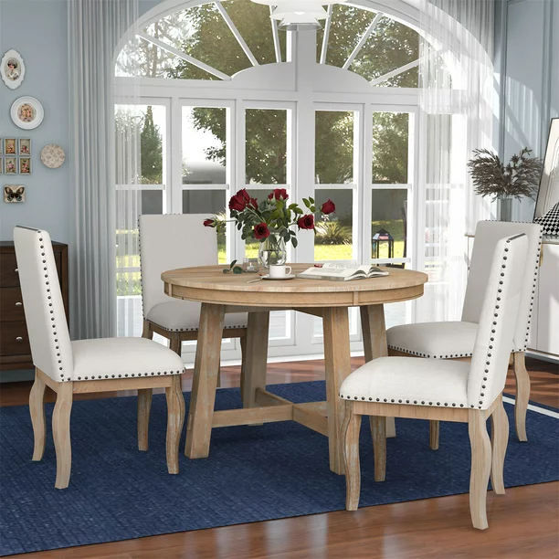 5-Piece Dining Table Set,Wood Round Extendable Dining Table with X-Shaped Base,4 Upholstered Chairs with Bronze Nailheads,Farmhouse Rustic Dining Set for Kitchen Dinning Room,Natural Wood Wash