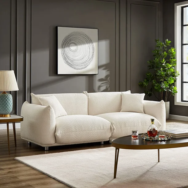 Holaki Mid Century 86″ Modern Couch for Living Room,Lambswool Fabric 3 Seater Sofa ,Solid Wood Frame and Stable Metal Legs Couch with 2 Pillows,Apartment Small Space, Beige