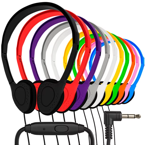 Maeline Bulk Wired Cord Stereo On-Ear Headphones with Microphone with 3.5mm Audio Plug Compatible with Phones/Laptops/Computers/Tablets/MP3 for Children/School/Airplane Travel – 200 Pack, Multi