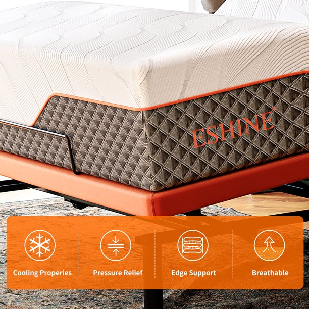 ESHINE 14″ Hybrid Mattress Queen + Adjustable Bed Frame – Metal Bed Base with Massage,Queen