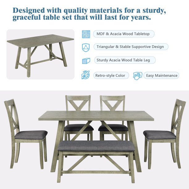 6 Piece Dining Table Set, Modern Home Dining Set with Table, Bench & 4 Cushioned Chairs, Wood Rectangular Table and Chair Set, Kitchen Table Set for Dining Room – Gray, B1140