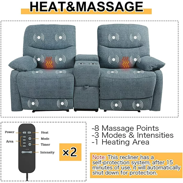 Reclining Sofa, Double Reclining Loveseat with Console, 2 Seater Sofa Home Theater Seating, Fabric Recliner Sofa Couches with Storage and Cup Holders