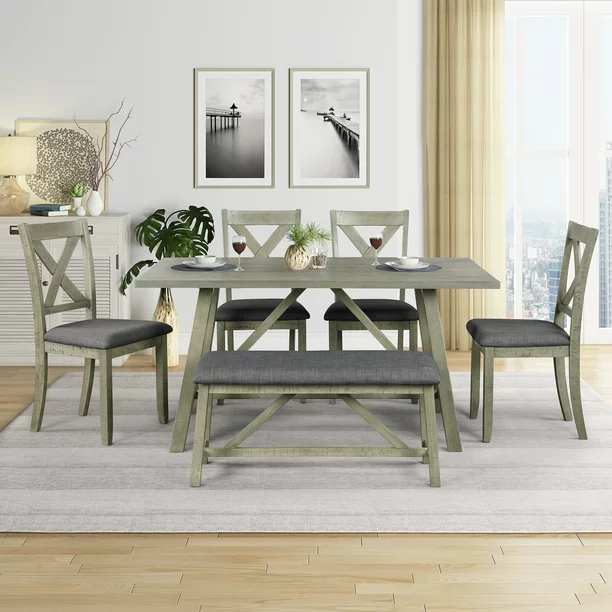 6 Piece Dining Table Set, Modern Home Dining Set with Table, Bench & 4 Cushioned Chairs, Wood Rectangular Table and Chair Set, Kitchen Table Set for Dining Room – Gray, B1140