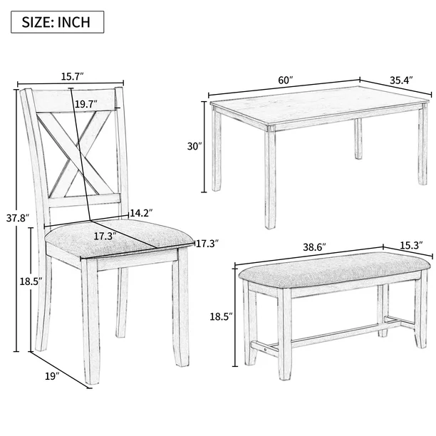 Wood Dining Table and Chair Set of 6, Dining Room Set for 6 Persons with Bench, Rectangular Kitchen Table with 4 Microfiber Padded Chairs Plus One Upholstered Bench, Farmhouse Kitchen Table Set, B1382