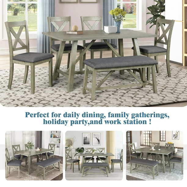 6 Piece Dining Table Set, Modern Home Dining Set with Table, Bench & 4 Cushioned Chairs, Wood Rectangular Table and Chair Set, Kitchen Table Set for Dining Room – Gray, B1140