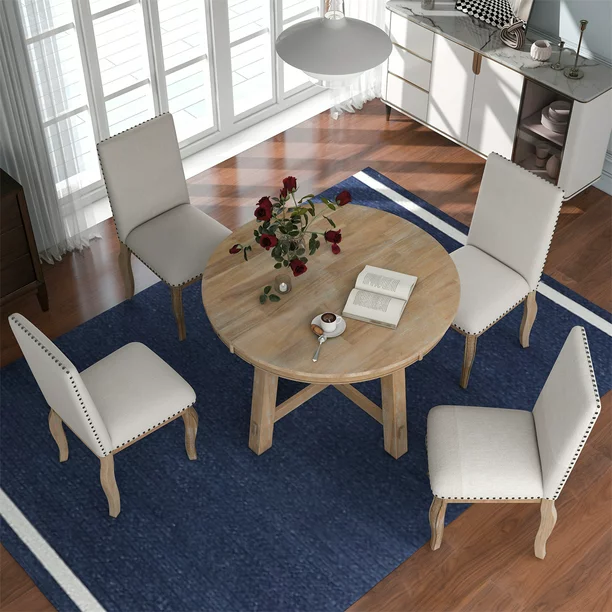 5-Piece Dining Table Set,Wood Round Extendable Dining Table with X-Shaped Base,4 Upholstered Chairs with Bronze Nailheads,Farmhouse Rustic Dining Set for Kitchen Dinning Room,Natural Wood Wash