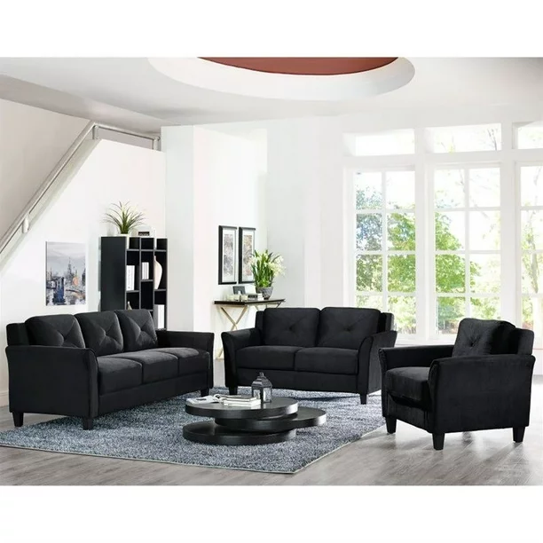 LifeStyle Solutions Hartford 3 Piece Living Room Microfiber Sofa Set in Black