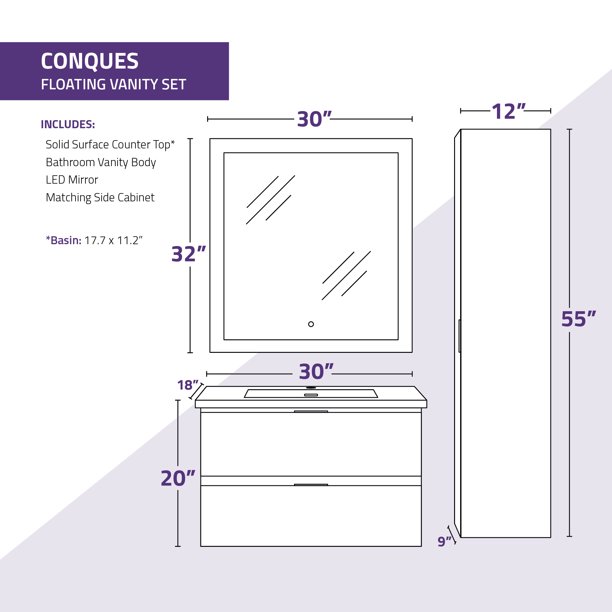Conques 30 in. Wall Mount Bathroom Vanity Set in Dark Brown