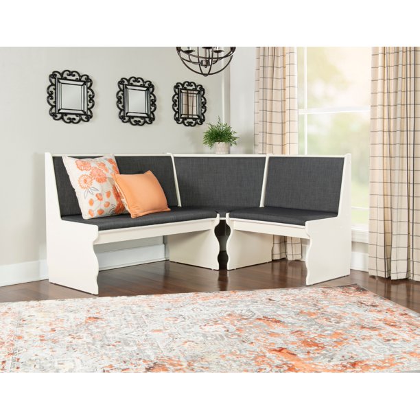 Linon Weston Corner Dining Breakfast Nook with Table and Bench, Seats 5-6, White Finish with Charcoal Fabric