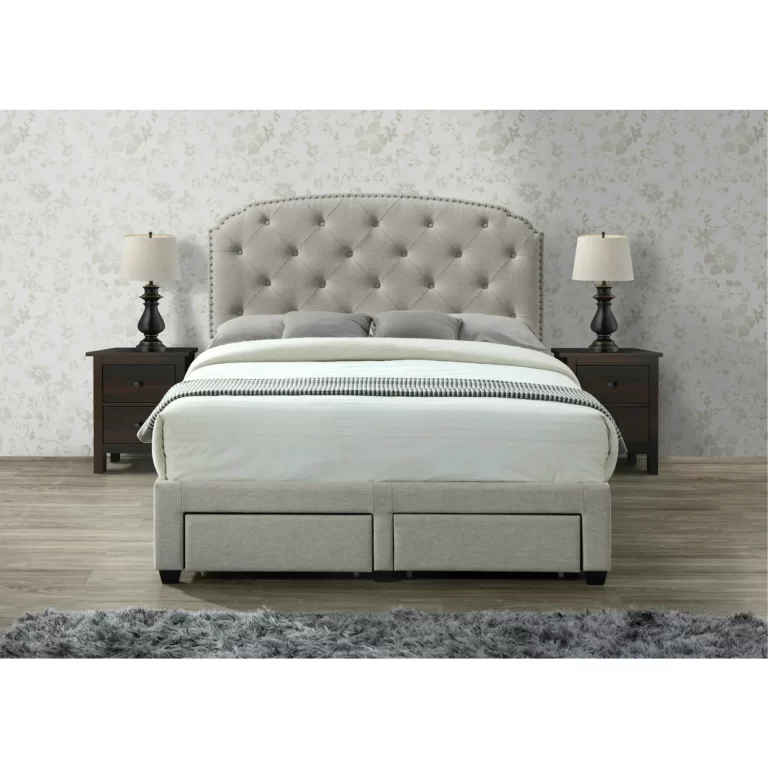 DG Casa Argo Tufted Upholstered Panel Bed Frame with Storage Drawers and Nailhead Trim Headboard, King Size Storage Bed in Beige Linen Style Fabric
