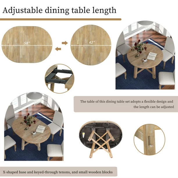 5-Piece Dining Table Set,Wood Round Extendable Dining Table with X-Shaped Base,4 Upholstered Chairs with Bronze Nailheads,Farmhouse Rustic Dining Set for Kitchen Dinning Room,Natural Wood Wash