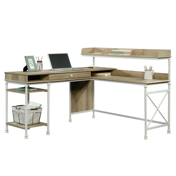 Better Homes & Gardens River Crest L-Shaped Desk with Storage, Light Oak Finish