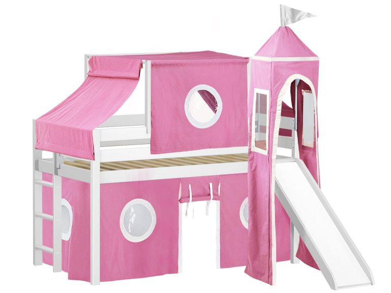 Jackpot Princess Low Loft Bed with Slide Pink & White Tent and Tower, Twin, White