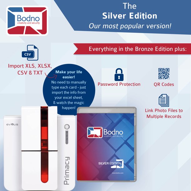 Evolis Primacy Single Sided ID Card Printer & Complete Supplies Package with Bodno Silver Edition ID Software