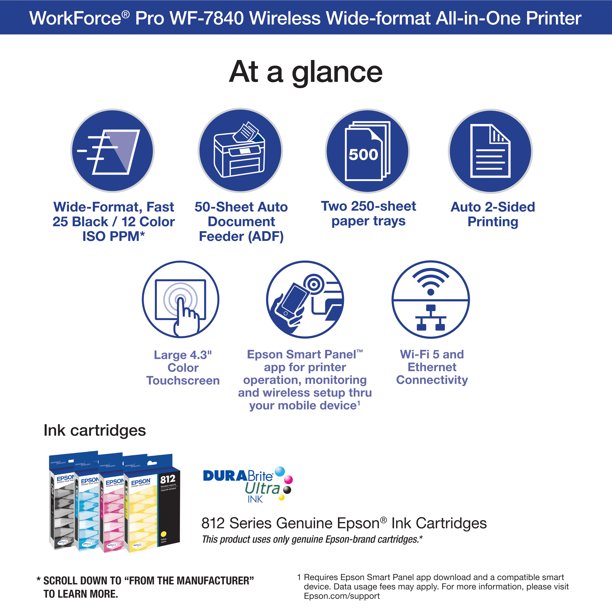 Epson Workforce Pro WF-7840 Wireless All-in-One Wide-Format Printer with Auto 2-Sided Print up to 13″ x 19″, Copy, Scan and Fax, 50-Page ADF, 500-Sheet Paper Capacity, and 4.3″ Color Touchscreen