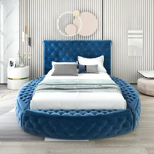 EUROCO Queen Size Round Shape Upholstery Low Profile Storage Platform Bed with Storage Space on Both Sides, Blue