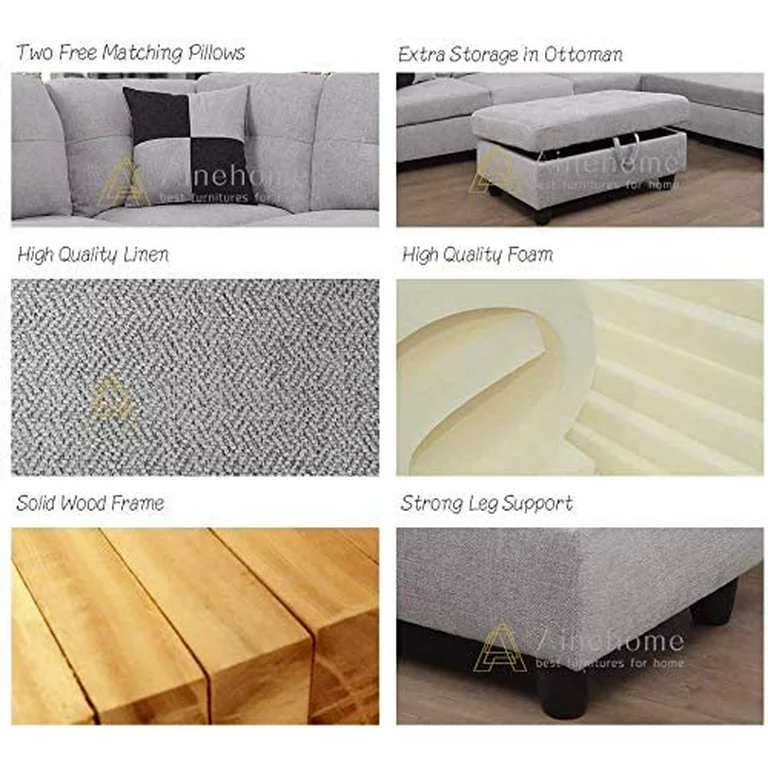 GCF 3-PCPiece Sectional Sofa Couch Set, L-Shaped Modern Sofa with Chaise Storage Ottoman and Pillows for Living Room Furniture, Right Hand Facing Sectional